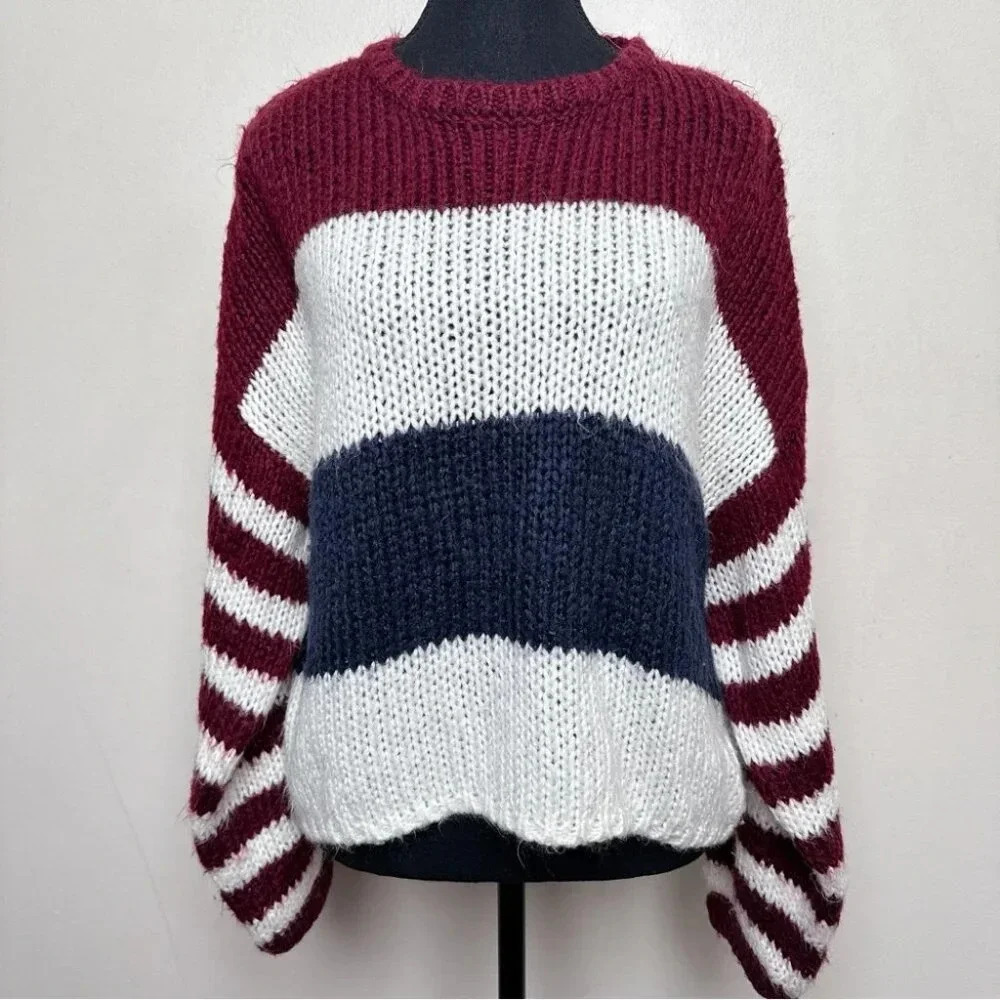 Lovestitch Womens Medium Striped Colorblock Crew Neck Sweater - Picture 2 of 16